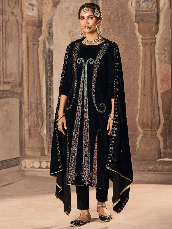 Women's Black Velvet Floral Resham Thread With Jari Work Kurta With Trouser & Dupatta  (Semi-Stitched ) - Aastha Fashion