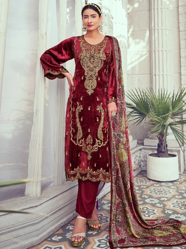 Women's Maroon Velvet Cording With Digital Printed Kurta With Trouser & Dupatta  (Semi-Stitched ) - Aastha Fashion