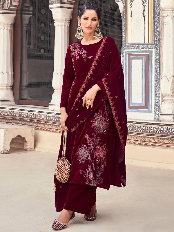 Women's Maroon Velvet Resham Thread With Jari & Sequin Kurta With Trouser & Dupatta  (Semi-Stitched ) - Aastha Fashion