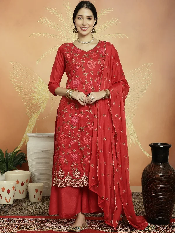 Women's Red Upada Silk Floral Resham Thread  Dress Material  (Stitched ) - Aastha Fashion