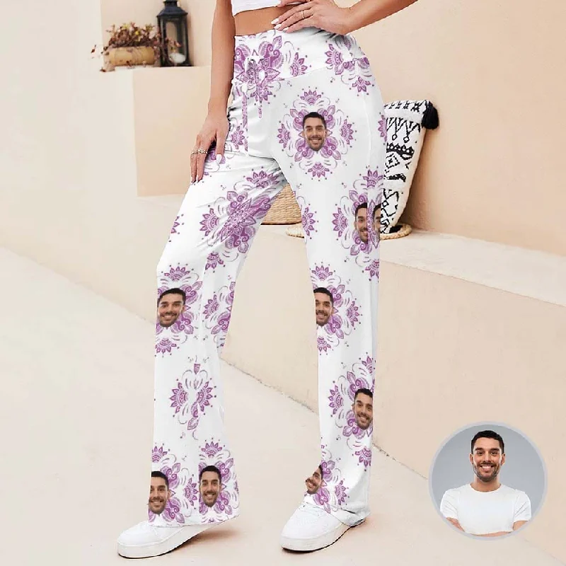 Custom Face Purple Flower Women's Straight-Leg Loose Comfy Drawstring Pants for Yoga Running Sporting