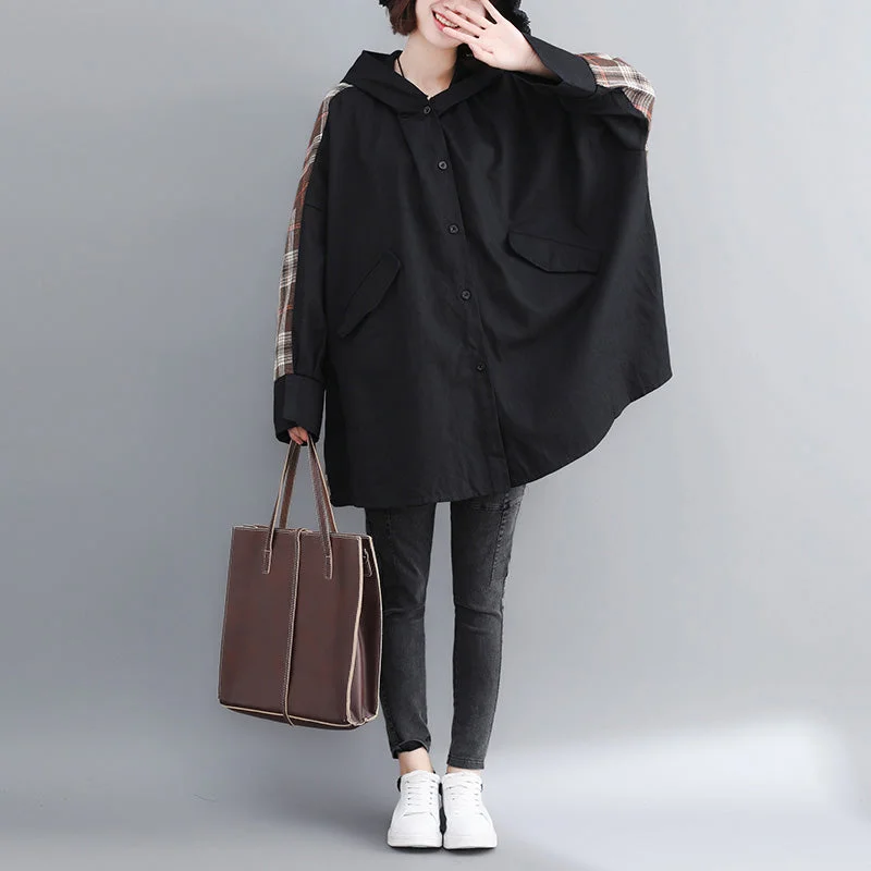 fine black cotton coat for woman plussize hooded medium length jackets patchwork jacket