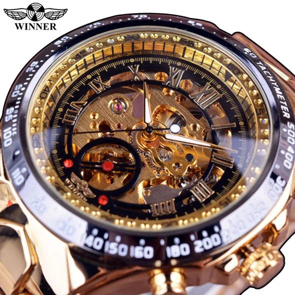 Men's Skeleton Wrist Watch Automatic Mechanical Display Retro Style Winner 432 Black Alloy