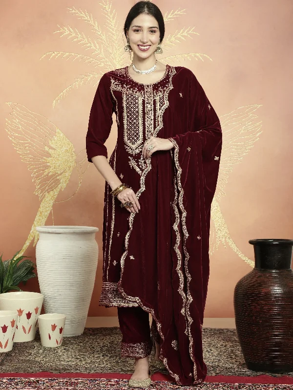 Women's Maroon Velvet Cording With Resham Thread & Sequin  Dress Material  (Semi stitched ) - Aastha Fashion