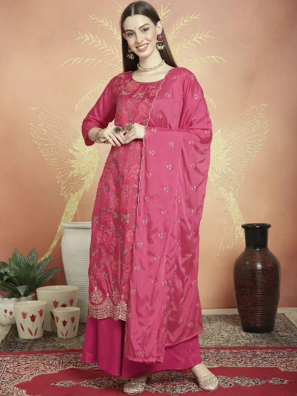 Women's Magenta Upada Silk Floral Resham Thread  Dress Material  (Stitched ) - Aastha Fashion