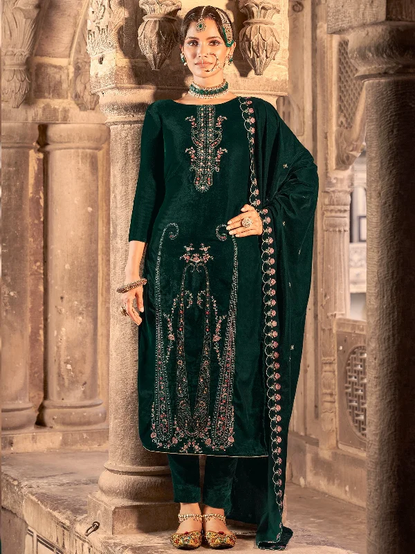 Women's Green Velvet Floral Resham Thread With Jari Work Kurta With Trouser & Dupatta  (Semi-Stitched ) - Aastha Fashion