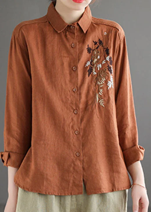 Chic Caramel Peter Pan Collar Button Linen Shirt Long Sleeve