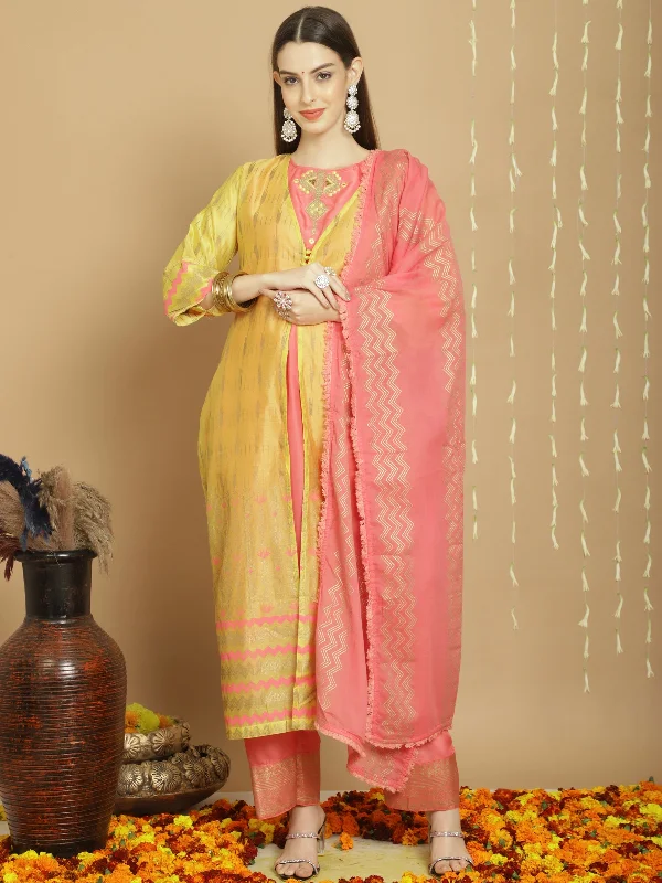 Women's Yellow Chanderi Silk Elegant Jardoshi   Dress Material  (Unstitched ) - Aastha Fashion