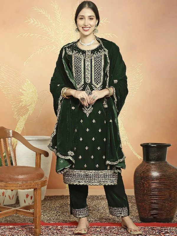 Women's Green Velvet Cording With Resham Thread & Sequin  Dress Material  (Semi stitched ) - Aastha Fashion