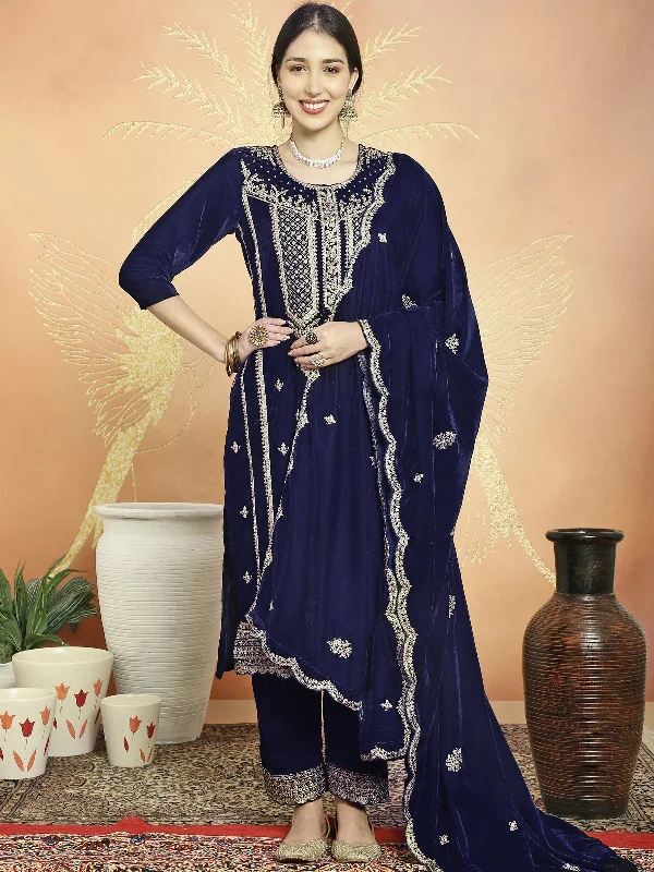 Women's Navy Blue Velvet Cording With Resham Thread & Sequin  Dress Material  (Semi stitched ) - Aastha Fashion