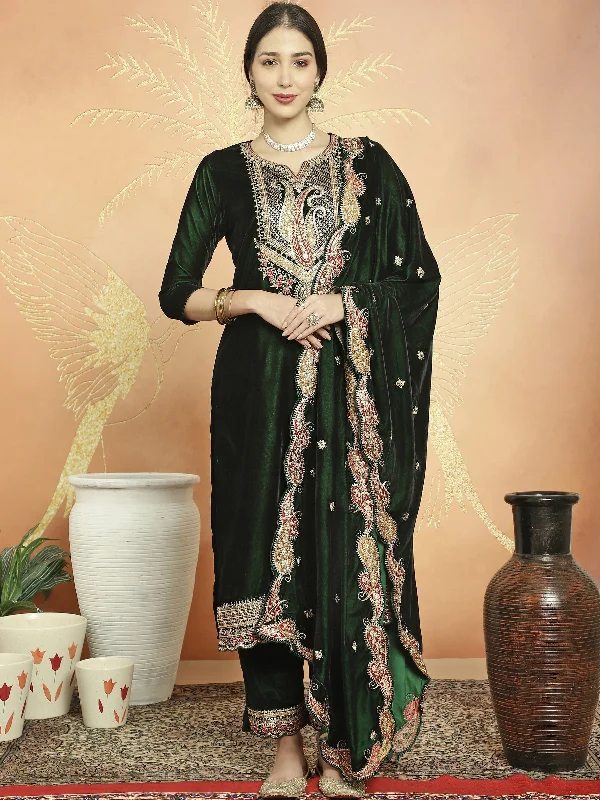 Women's Green Velvet Cording With Resham Thread & Sequin  Dress Material  (Stitched ) - Aastha Fashion