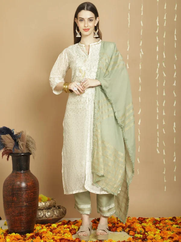 Women's Off White Chanderi Silk Elegant Jardoshi   Dress Material  (Stitched ) - Aastha Fashion