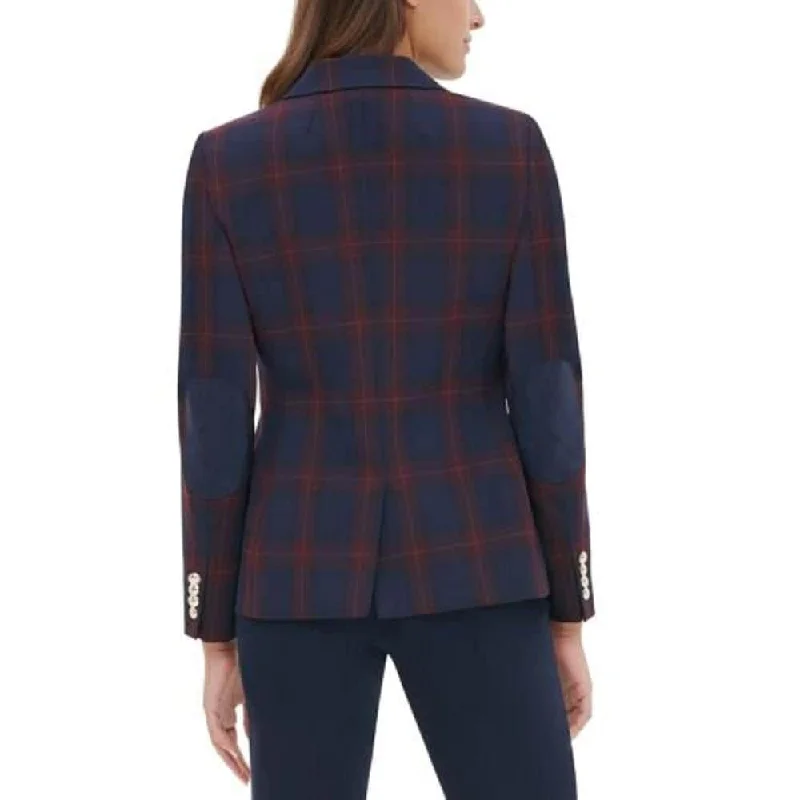 Tommy Hilfiger Women's Elbow-Patch Plaid Blazer Blue Size 0