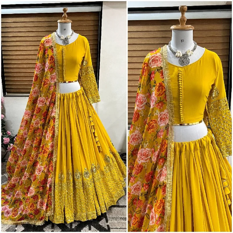 Mustard Yellow Faux Georgette Sequence work Lehenga Suit