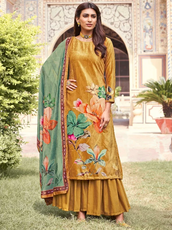 Women's Mustard Velvet Floral Digital Printed  Dress Material  (Semi stitched ) - Aastha Fashion