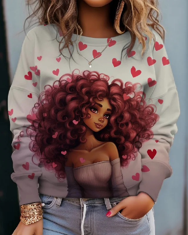 Women's Pink Curly Retro Color Girls Long Sleeve Sweatshirt