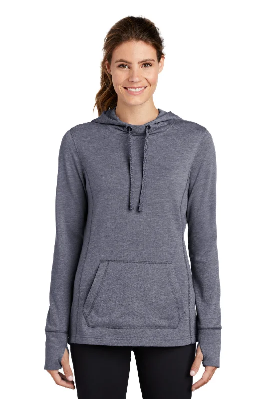 Sport-Tek Womens Moisture Wicking Fleece Hooded Sweatshirt Hoodie w/ Pouch Pocket - Heather True Navy Blue - Closeout