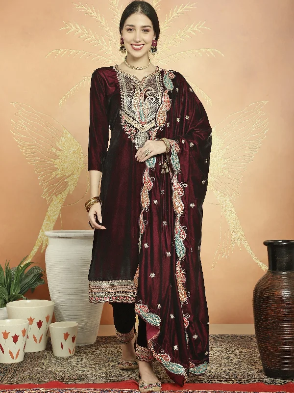 Women's Maroon Velvet Cording With Resham Thread & Sequin  Dress Material  (Stitched ) - Aastha Fashion