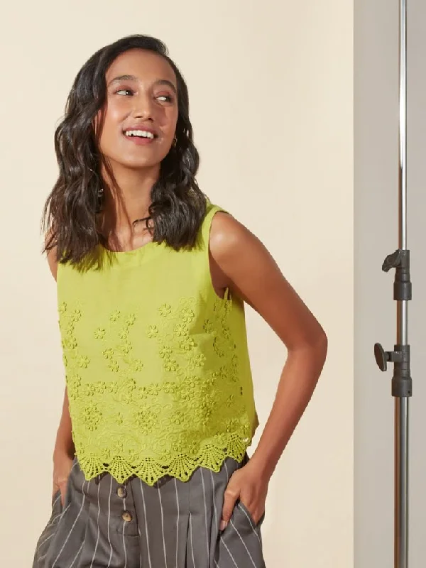 Bombay Paisley Lime Crochet-Detailed Crop-Top