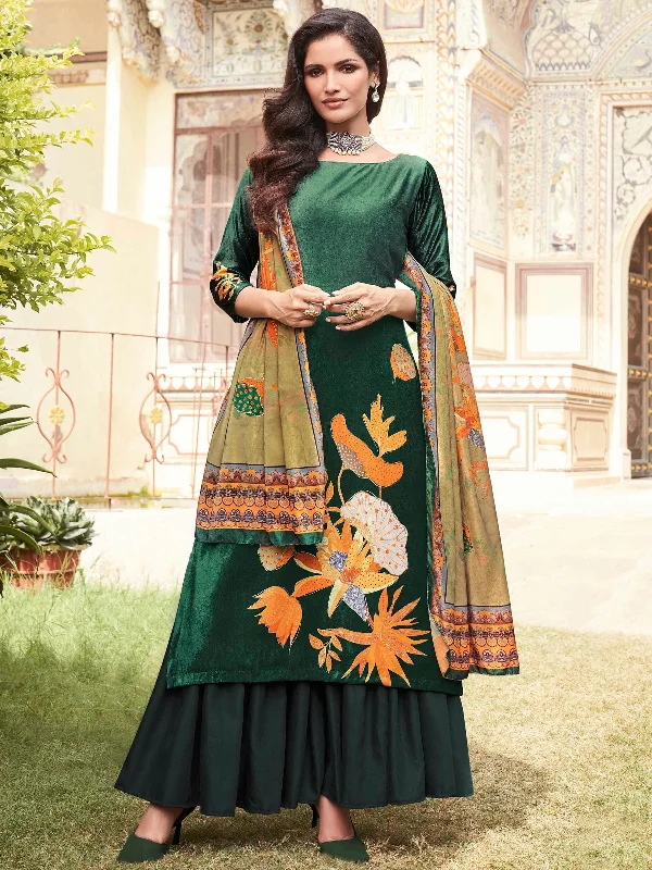 Women's Green Velvet Floral Digital Printed  Dress Material  (Semi stitched ) - Aastha Fashion