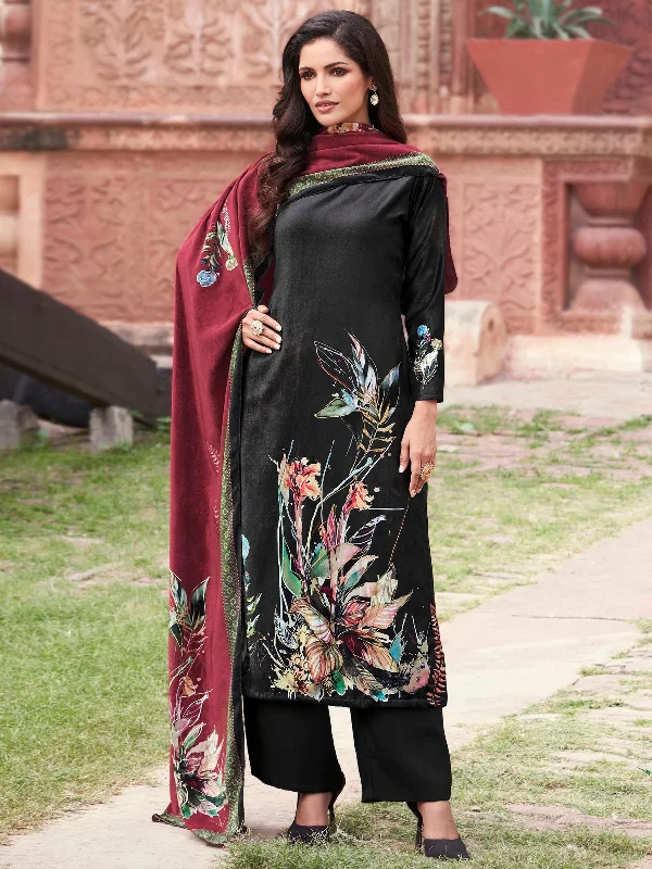 Women's Black Velvet Floral Digital Printed  Dress Material  (Semi stitched ) - Aastha Fashion