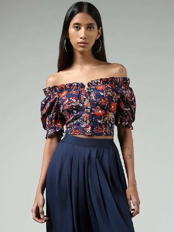 Bombay Paisley Navy Floral Printed Off-Shoulder Blended Linen Crop Top