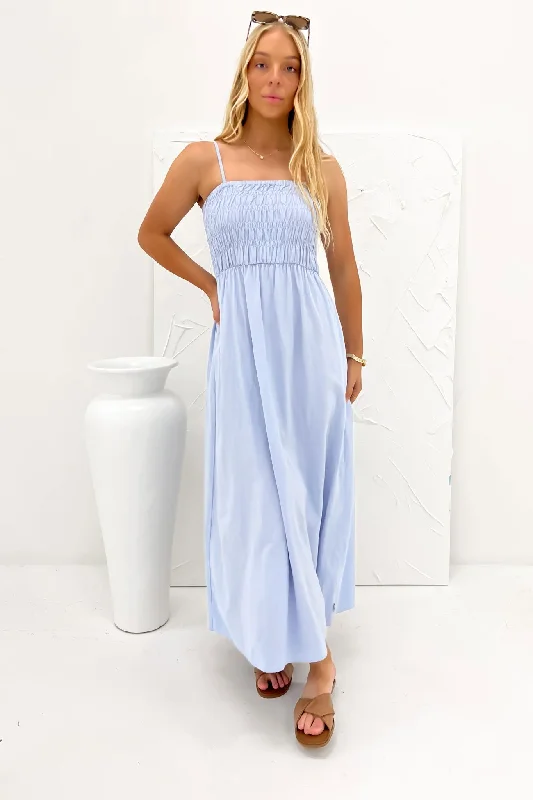 Classic Shirred Midi Dress Blue