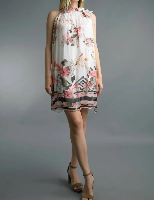 Floral Print Silk Dress With Neck Tie In White Multi