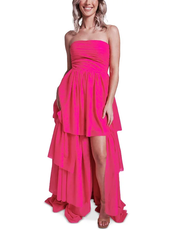 Juniors Womens Mesh Strapless Evening Dress