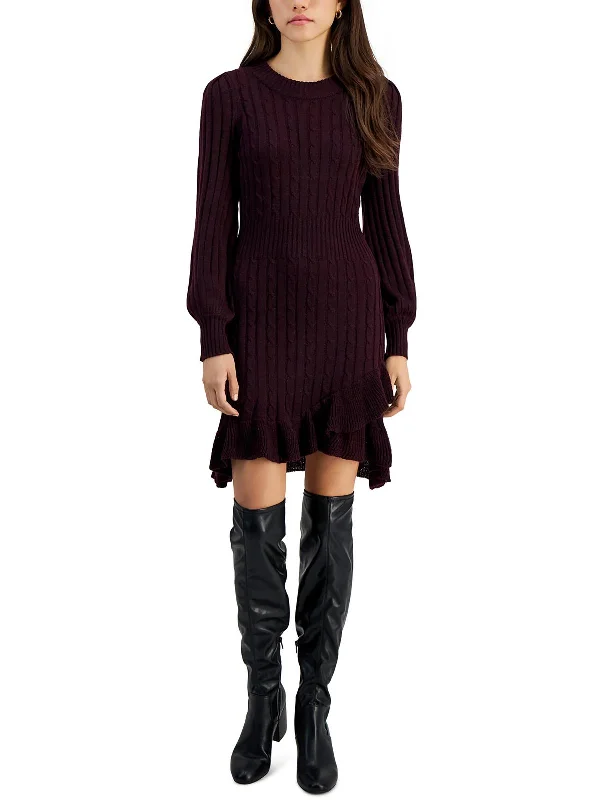 Petites Womens Cable Knit Ruffled Sweaterdress