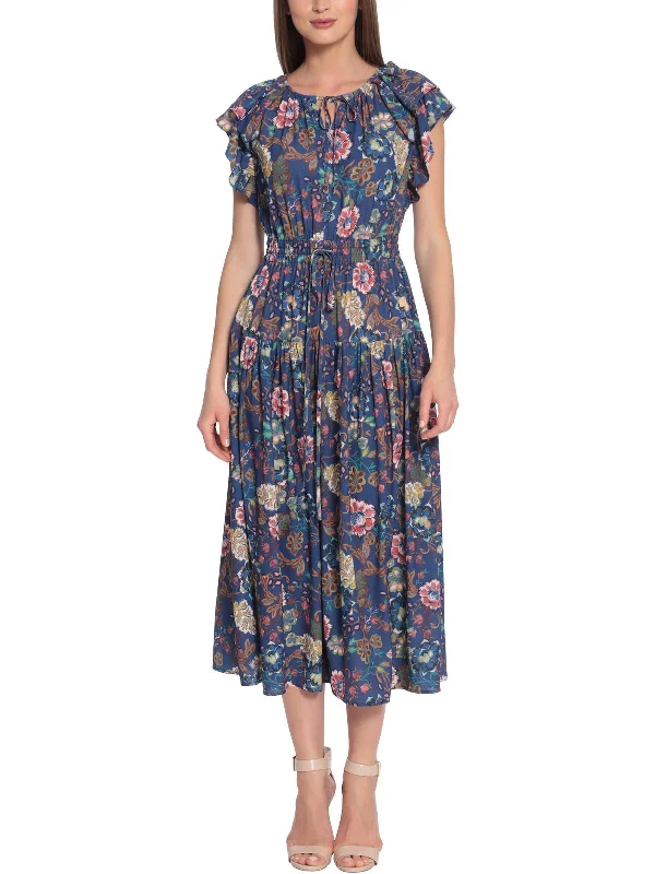 Womens Crepe Floral Midi Dress